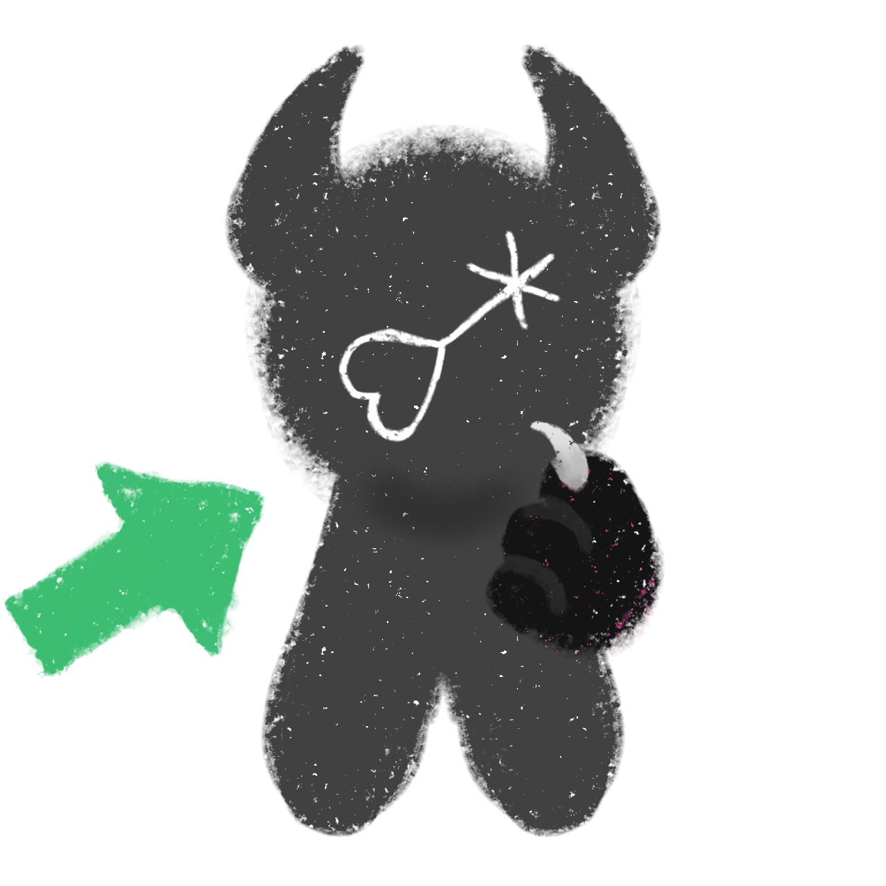 a simple drawing of a grey monster with a 'nonbinary' symbol made with a heart on its face,  it's pointing to itself with its right paw, a green arrow is pointing at it.